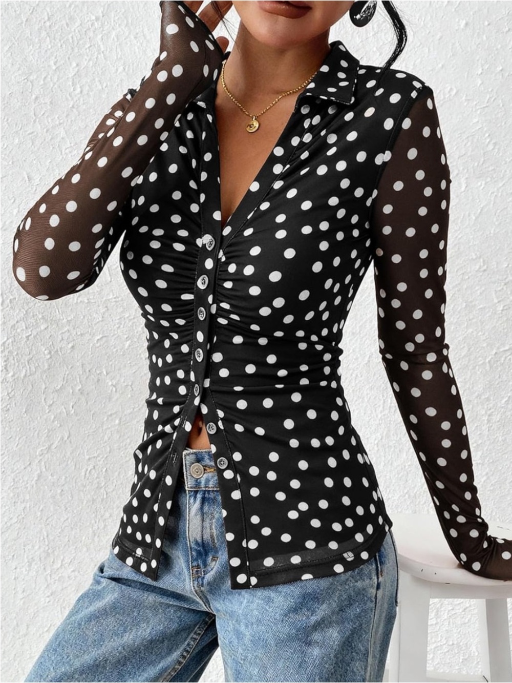 PrettyGarden Polka Dot Mesh Ruched Top – Size Small